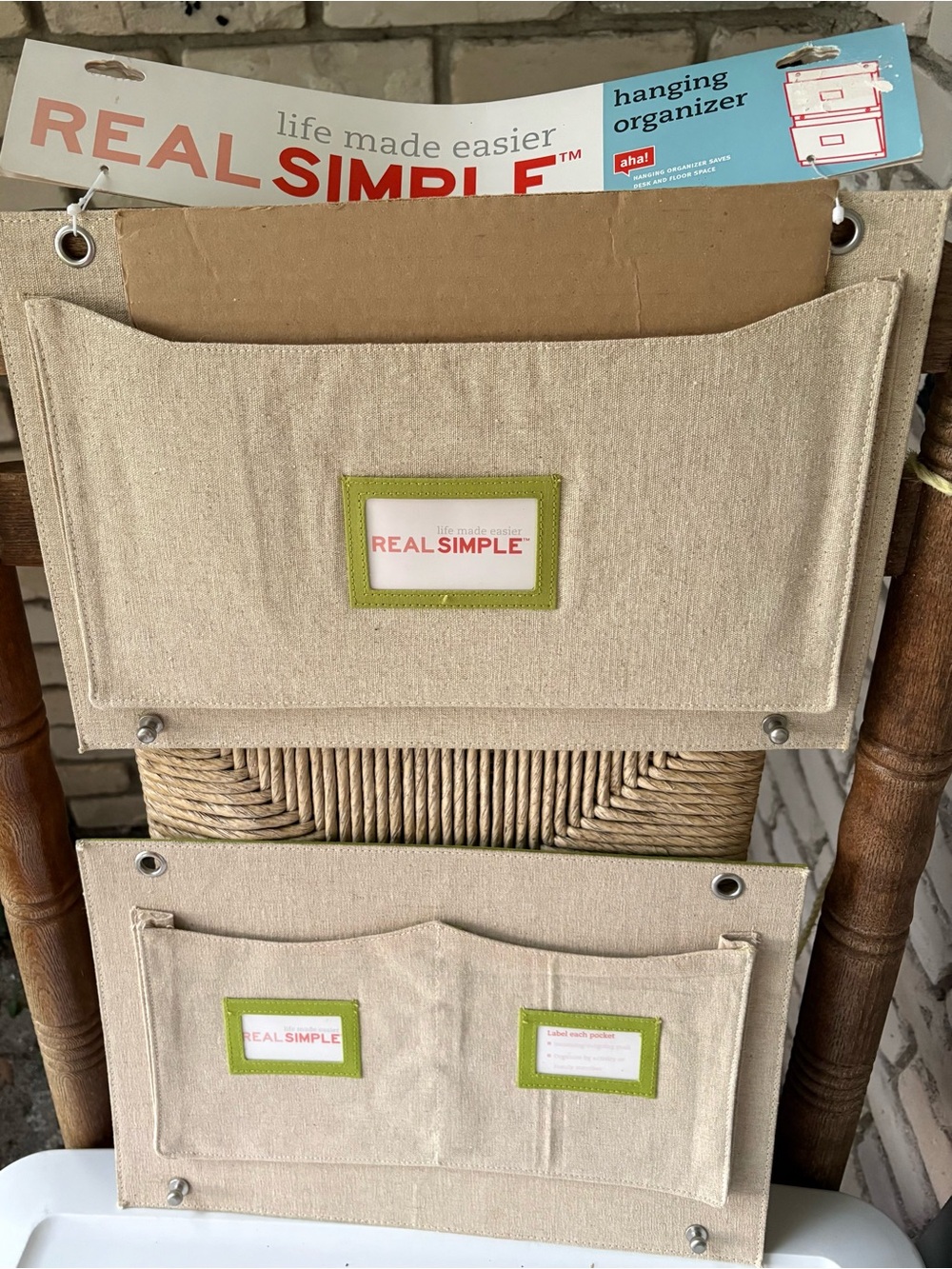 Real Simple wall mount Beige Hanging Organizer with Green Trim